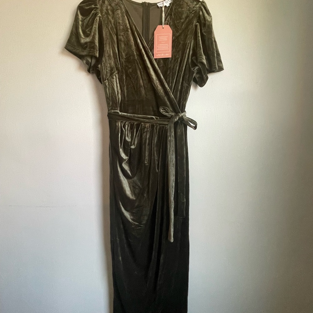 Ivy City Co Olive Green Velvet Midi Wrap Dress